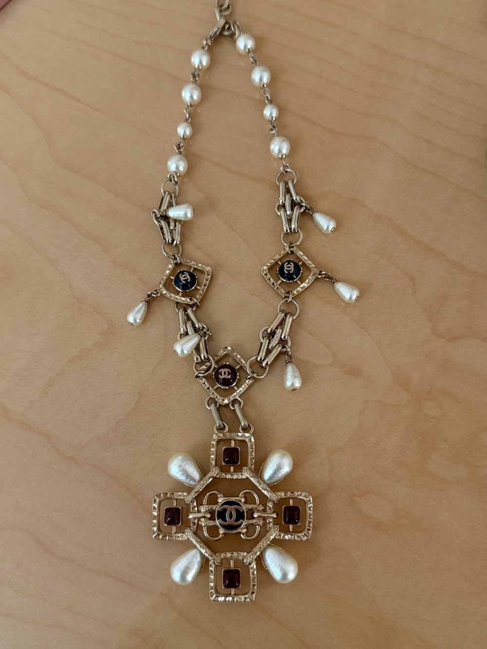 CHANEL VINTAGE GRIPOIX ENAMEL PEARL BYZANTINE CROSS NECKLACE